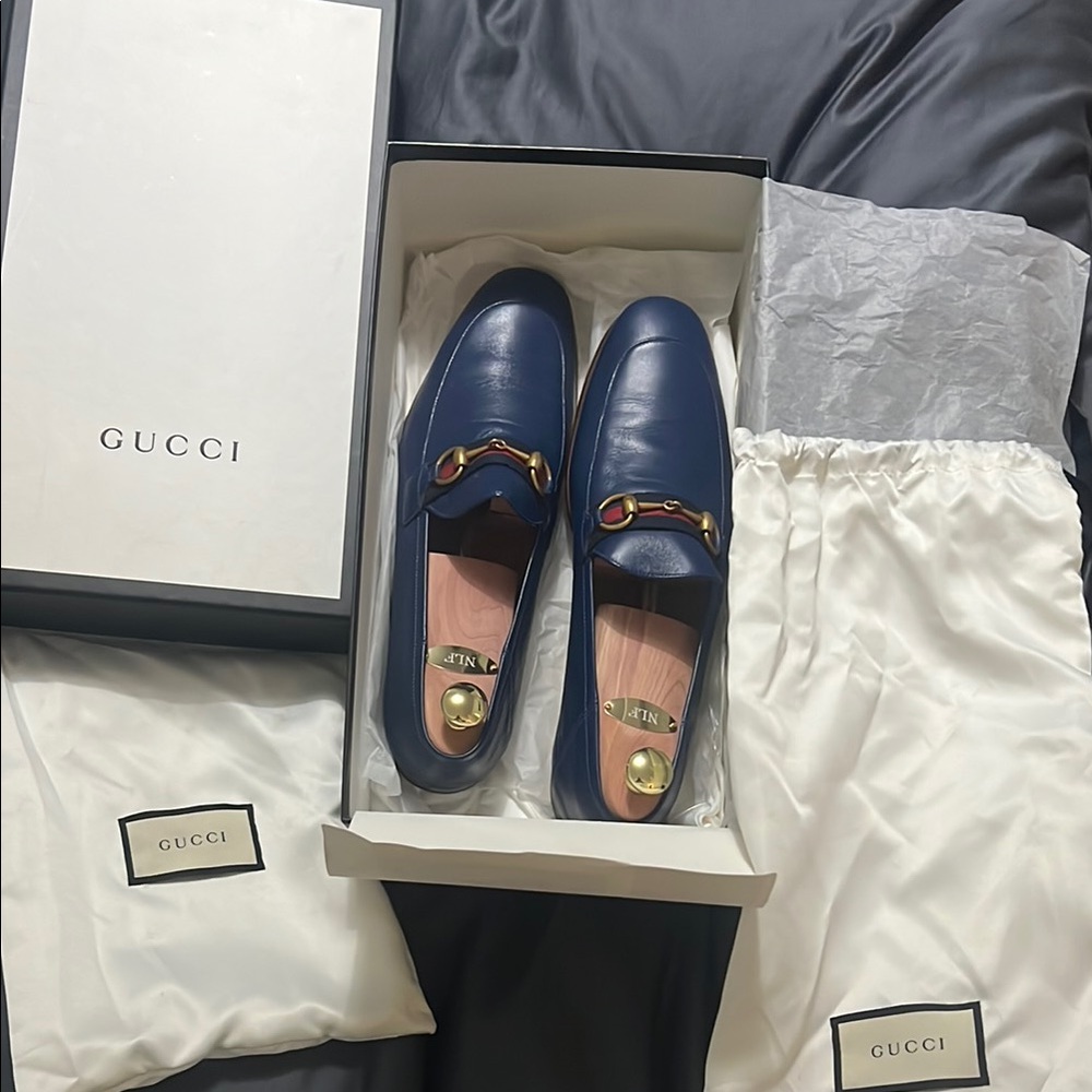 Gucci Blue Leather Loafers with Horsebit Detail
